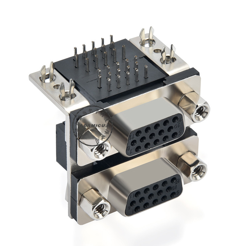 Rechte hoek pcb mount vrouw-vrouw 15-pins d sub dual-poort connector