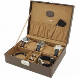 BRUINE LEREN OPSLAG VALET CASE VOOR HORLOGES EN SIERADEN MANCHETKNOPEN