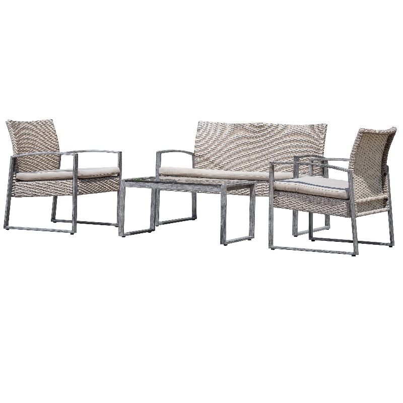 4-delig buitengesprekset Patio tuin zwembad gazon rotan rieten Loveseat Sofa zitkussen u0026 glazen salontafel meubels set