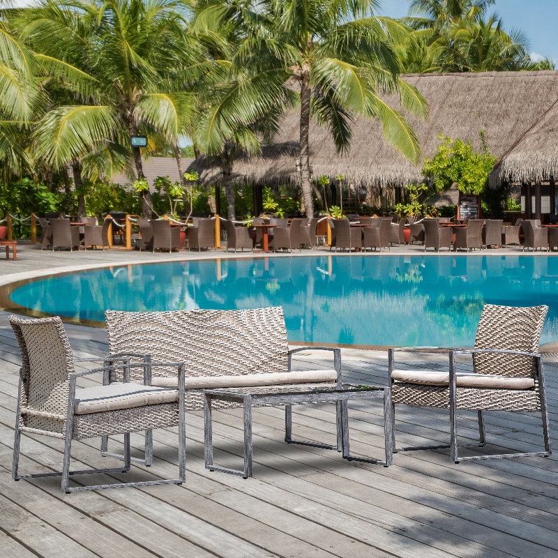 4-delig buitengesprekset Patio tuin zwembad gazon rotan rieten Loveseat Sofa zitkussen u0026 glazen salontafel meubels set