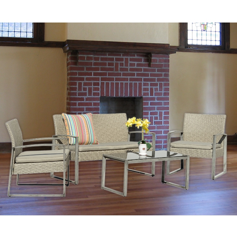 4-delig buitengesprekset Patio tuin zwembad gazon rotan rieten Loveseat Sofa zitkussen u0026 glazen salontafel meubels set