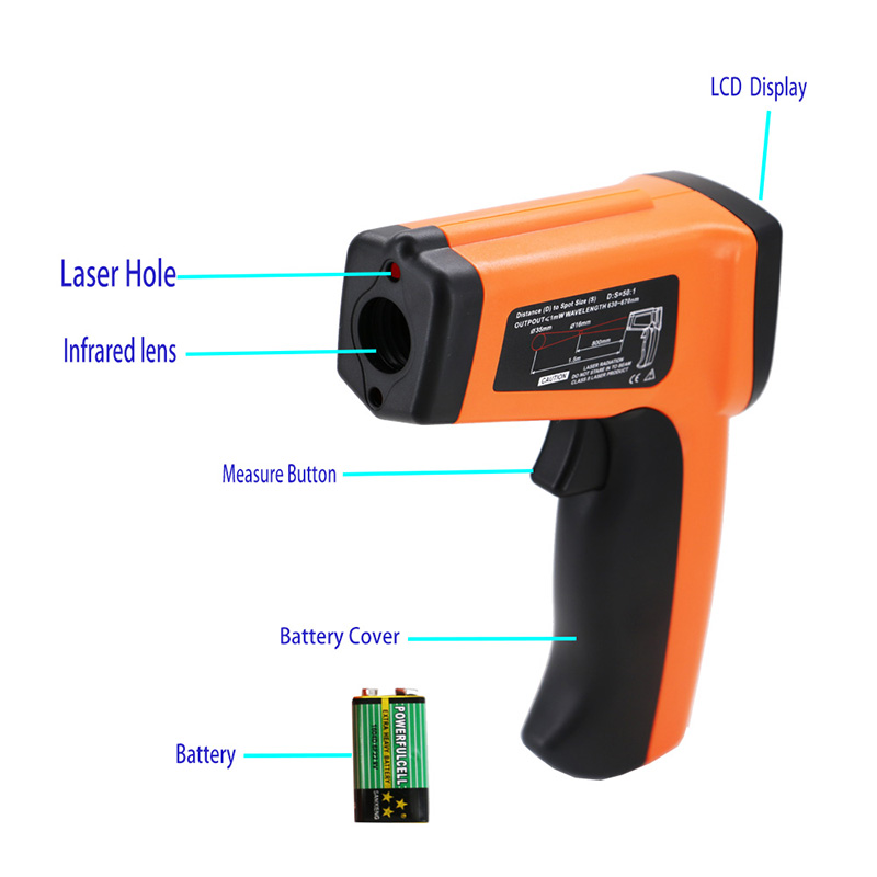 Lasertemperatuur pistoolcontact Infraroodthermometer Pyrometer -50 ~ 1600 Emissiviteit Instelbaar