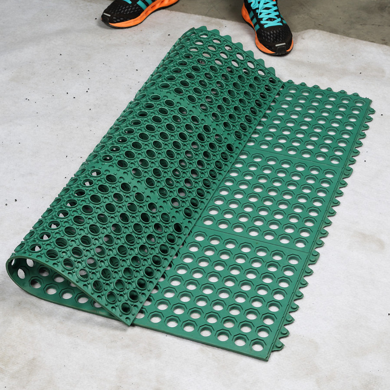 Groene kleur Anti-vermoeidheid Keukenmatras Rubberen vloermat met afvoergat