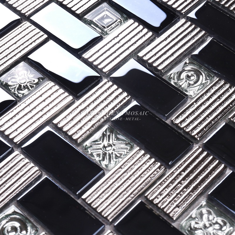 HDT01 12x12 vierkant patroon galvaniseren glanzend zwart en splinter iriserend glasmozaïek decoratieve wandtegels