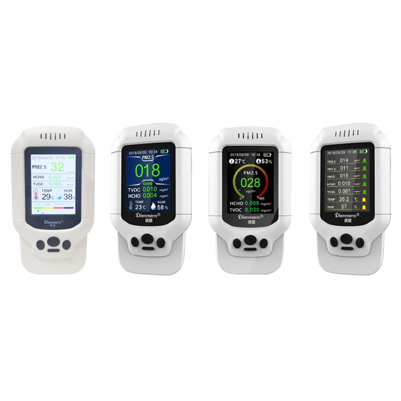 Draagbare gasdetector PM2.5 PM1.0 PM10 HCHO TVOC AQI luchtdetector met temperatuur en vochtigheid