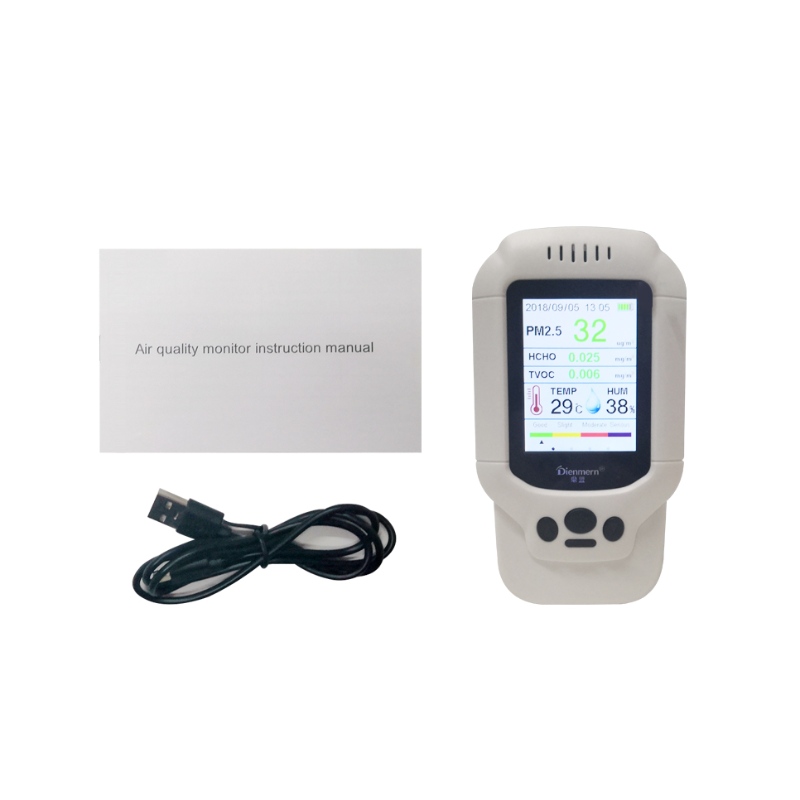 Draagbare gasdetector PM2.5 PM1.0 PM10 HCHO TVOC AQI luchtdetector met temperatuur en vochtigheid