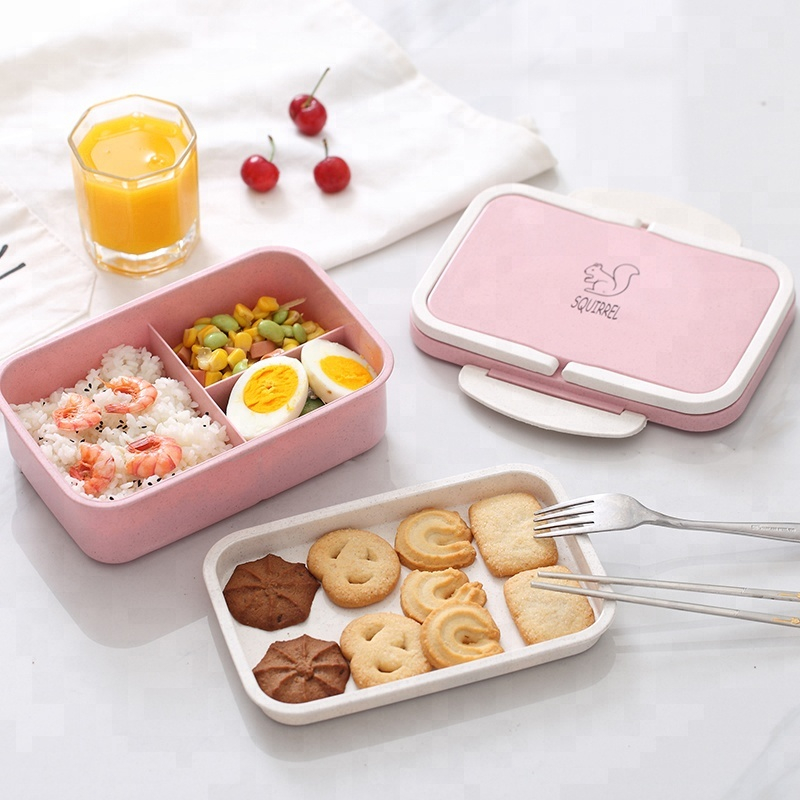 Draagbare milieuvriendelijke BPA-vrije tarwestro u0026 PP Bento-lunchbox voor kinderen met 3 compartimenten