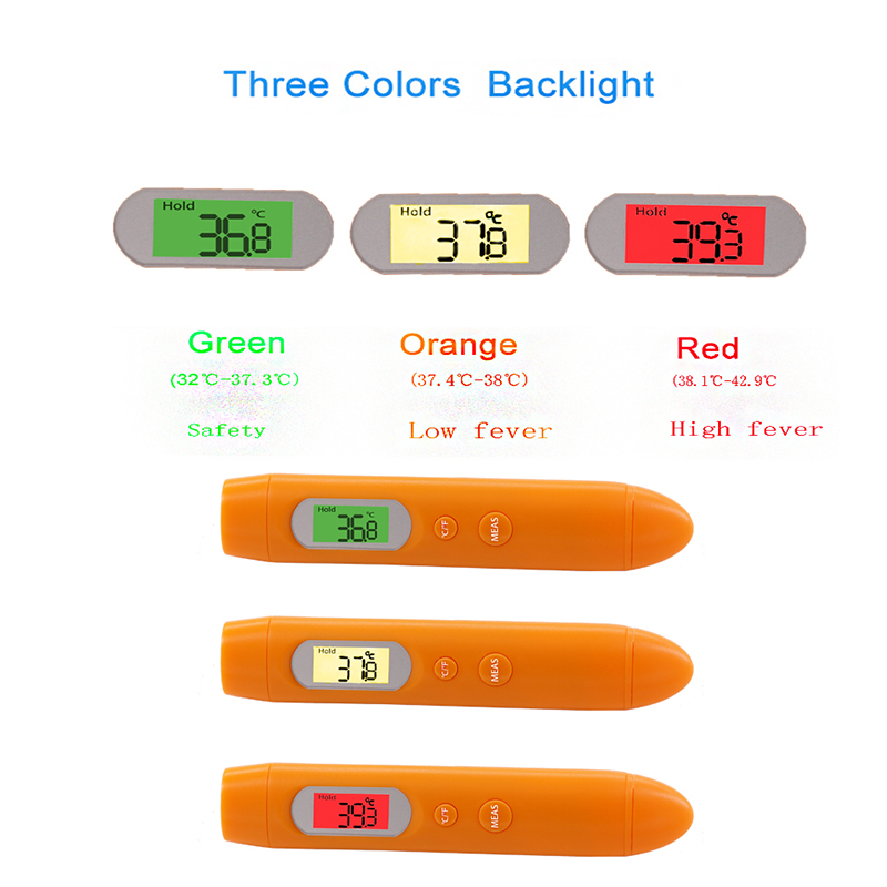 Nieuwe producten 2019 Chinese fabrieksoor- en voorhoofd-infraroodthermometer met groen oranje rode achtergrondverlichting