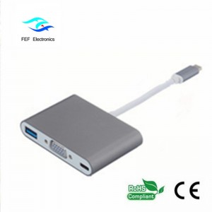 USB TYPE-C naar USB3.0 female + VGA female + PD three in one converter ABS shell Code: FEF - USBIC-007