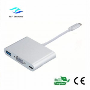 USB TYPE-C naar USB3.0 female + VGA female + PD three in one converter ABS shell Code: FEF - USBIC-007