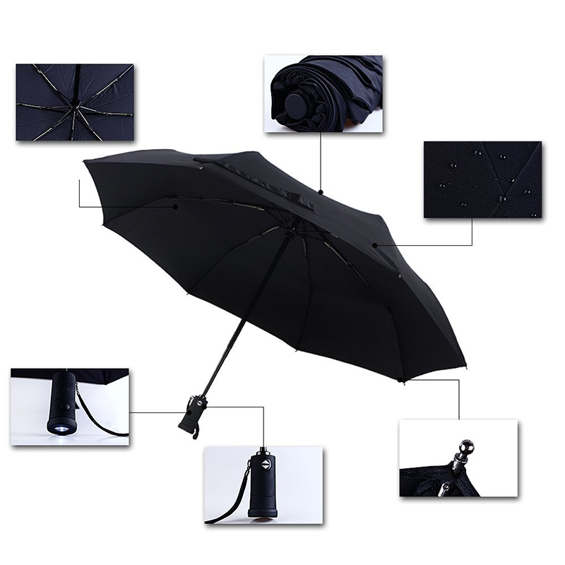 Groothandel automatische zaklamp 3 opvouwbare paraplu met LED-licht