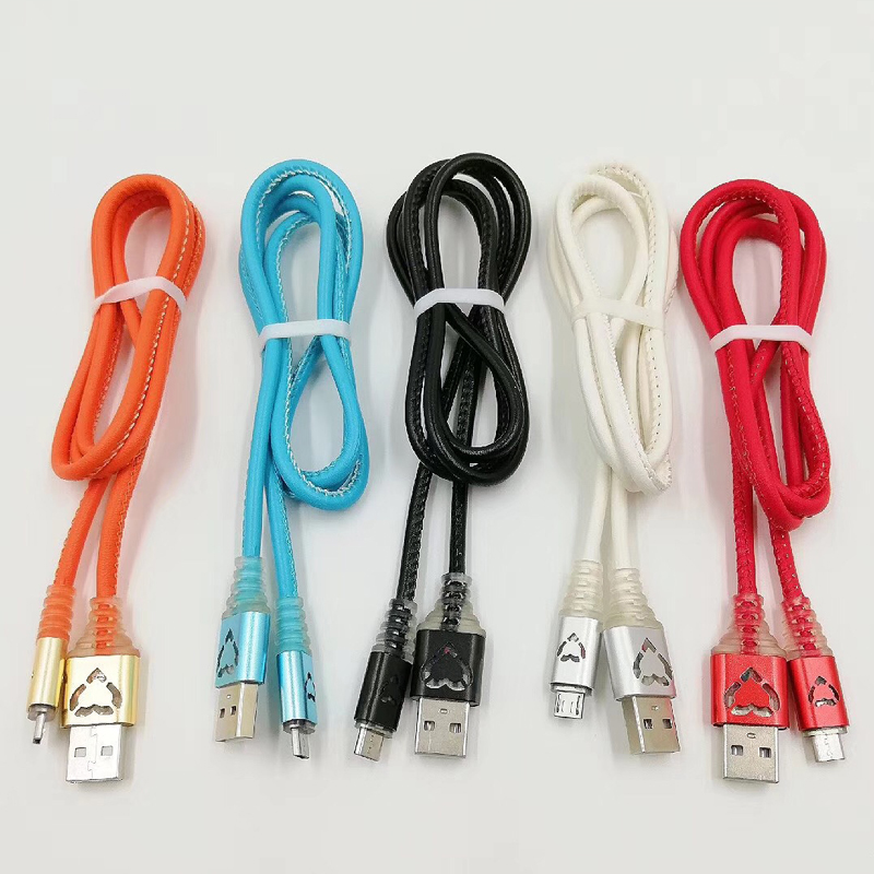 LED PU-leer Snel opladen Ronde aluminium behuizing USB-kabel voor micro-USB, Type C, iPhone bliksem opladen en synchroniseren