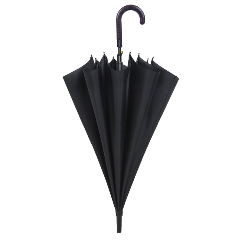 Klassieke beste verkoop zwarte pongee stof metalen frame plastic gebogen handvat rechte paraplu
