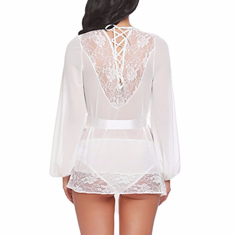 Sexy pure mesh vetersluiting detail nachtkleding kanten rand zelfbindende dunne nachtjapon badjas lingerie met sjerp N18925