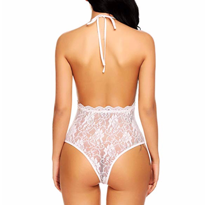 Sexy doorschijnende gebloemde kanten halter bodysuit teddybeer nachtkleding lingerie N18931