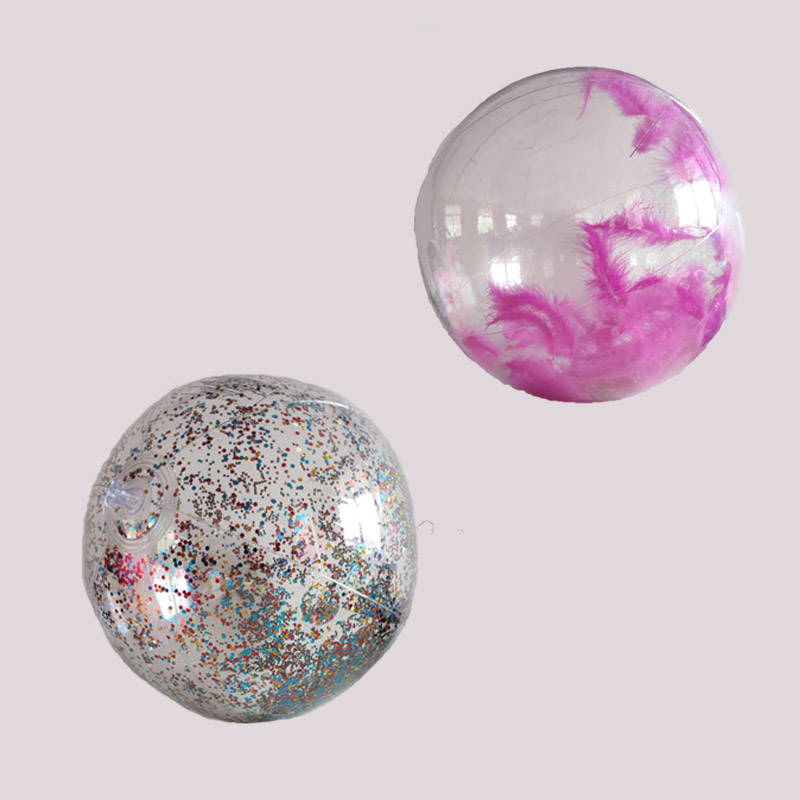 Opblaasbare transparante strandbal met glitter / veren