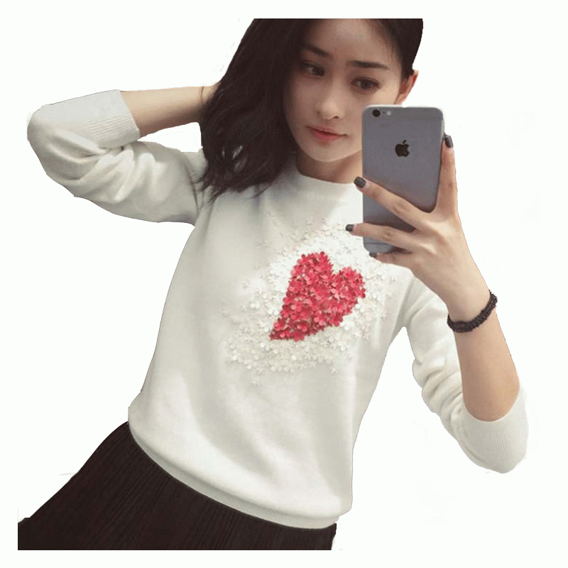 Dames Heavy Handwork Sequin Appliques Heart Knitted Sweater Pullover 2018