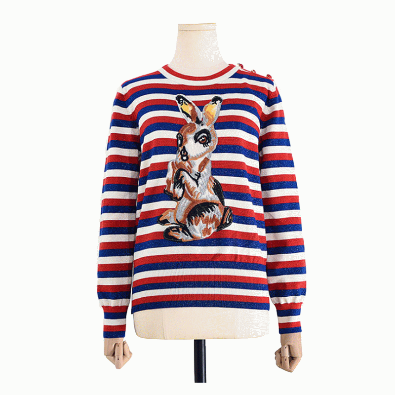 100% katoenen sweater streep jacquard konijn patch gebreide dames