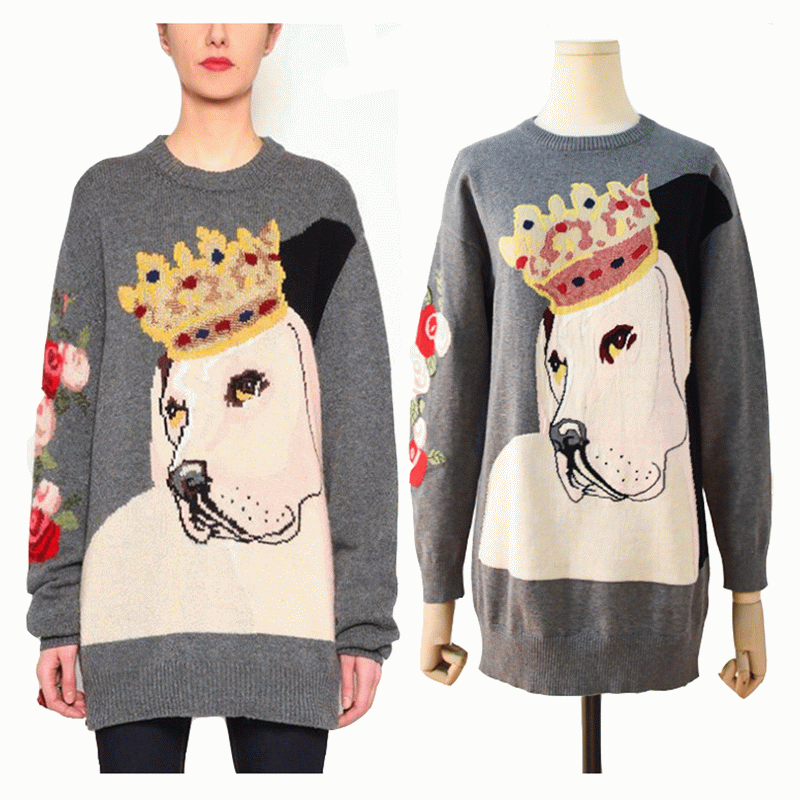 Aangepast logo losse Amerikaanse Europese maat Crown Dog Dames Pullover Sweaterjurk