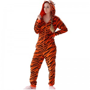 Vrouwen microfiber fleece tijger onesie pyjamapak met capuchon