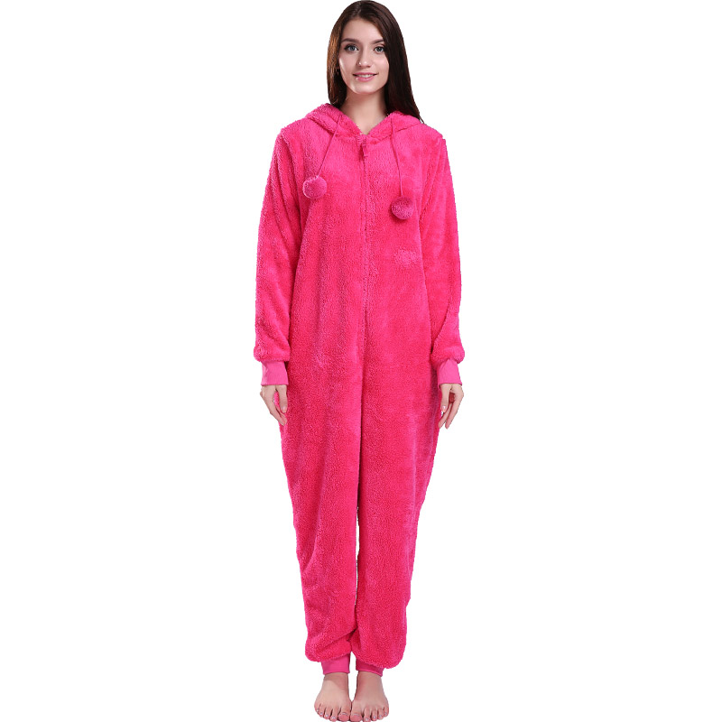 Damesroze onesie pyjama met capuchon met dierenoren