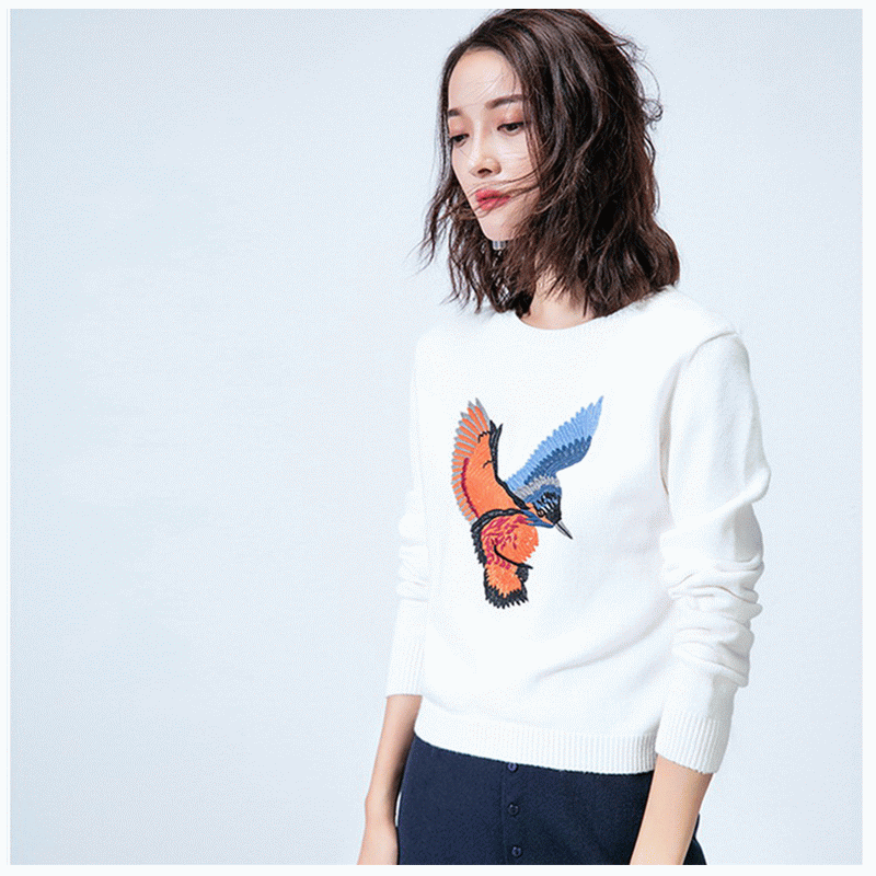 Aangepaste dames gebreide gebreide vogel trui met ronde hals trui