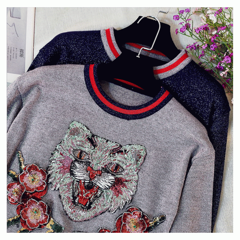 Handgemaakte lovertjes appliques en bloemen gebreide pullover sweater voor dames