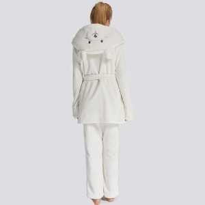 Dames Flanellen Fleece Animal borduurwerk Hooded Bear pyjama Set