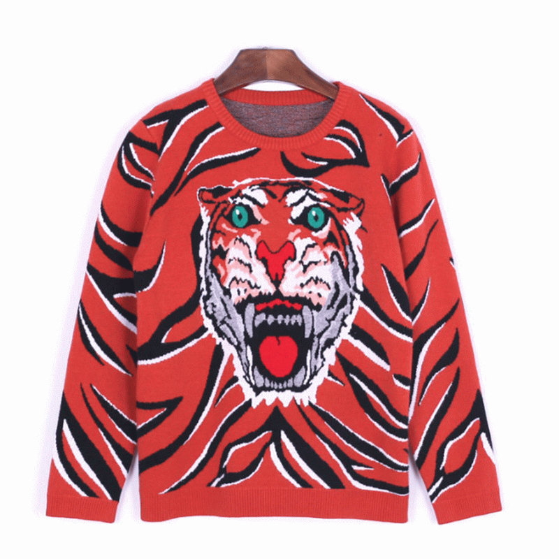 Aangepaste OEM Tiger Head Jacquard Winter dikke wol gebreide Fashion Pullover Sweater