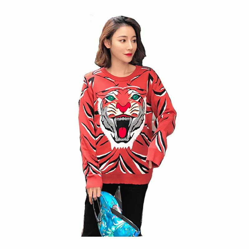 Aangepaste OEM Tiger Head Jacquard Winter dikke wol gebreide Fashion Pullover Sweater