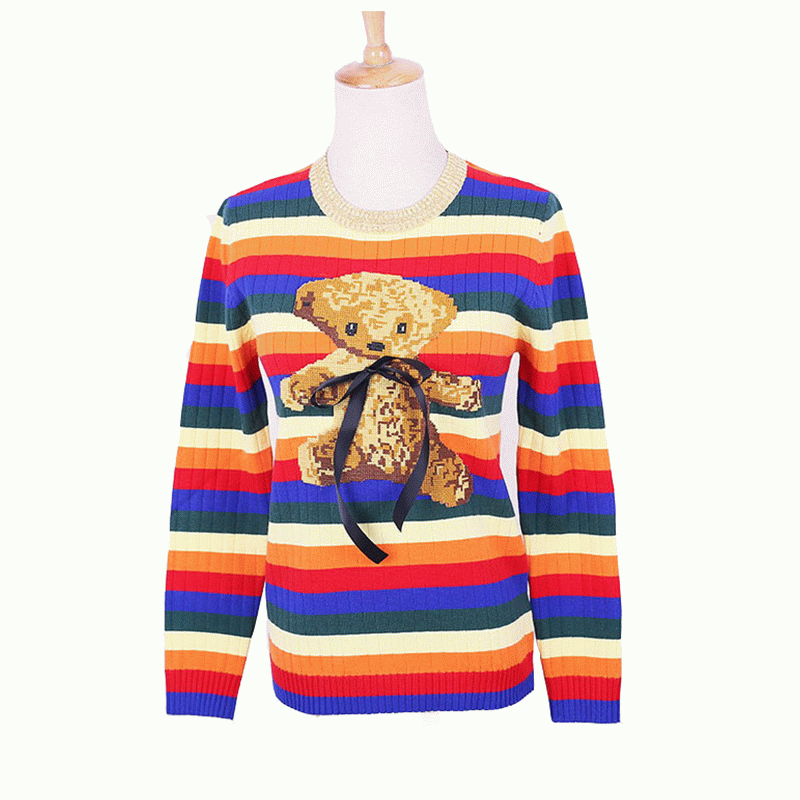 Aangepaste ODM teddybeer Intarsia Rainbow Strips vrouwen doek Pullover trui