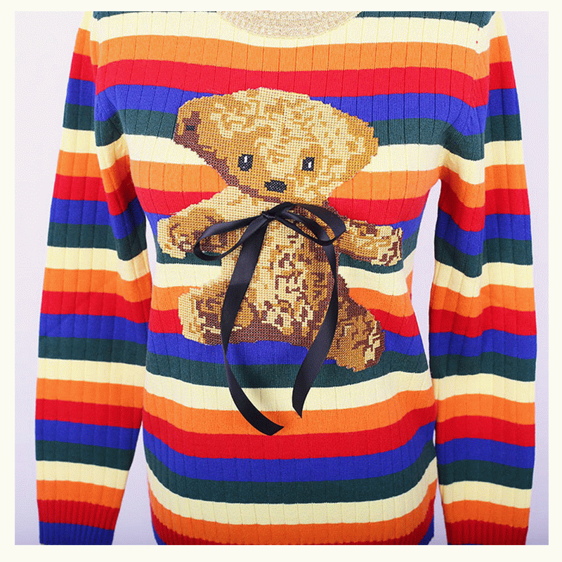 Aangepaste ODM teddybeer Intarsia Rainbow Strips vrouwen doek Pullover trui