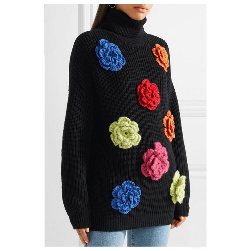 Wollen coltrui handgemaakte bloem dames trui winter pullover truien