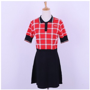 Custom Design polokraag met korte mouwen Contrastkleuren Plaids Kantoor Dames Gebreide Sweaterjurk