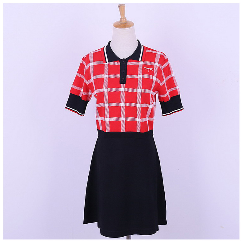 Custom Design polokraag met korte mouwen Contrastkleuren Plaids Kantoor Dames Gebreide Sweaterjurk