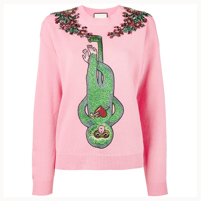 Appliques voor dames met grappige aap kralen versierde truien ronde hals pullover