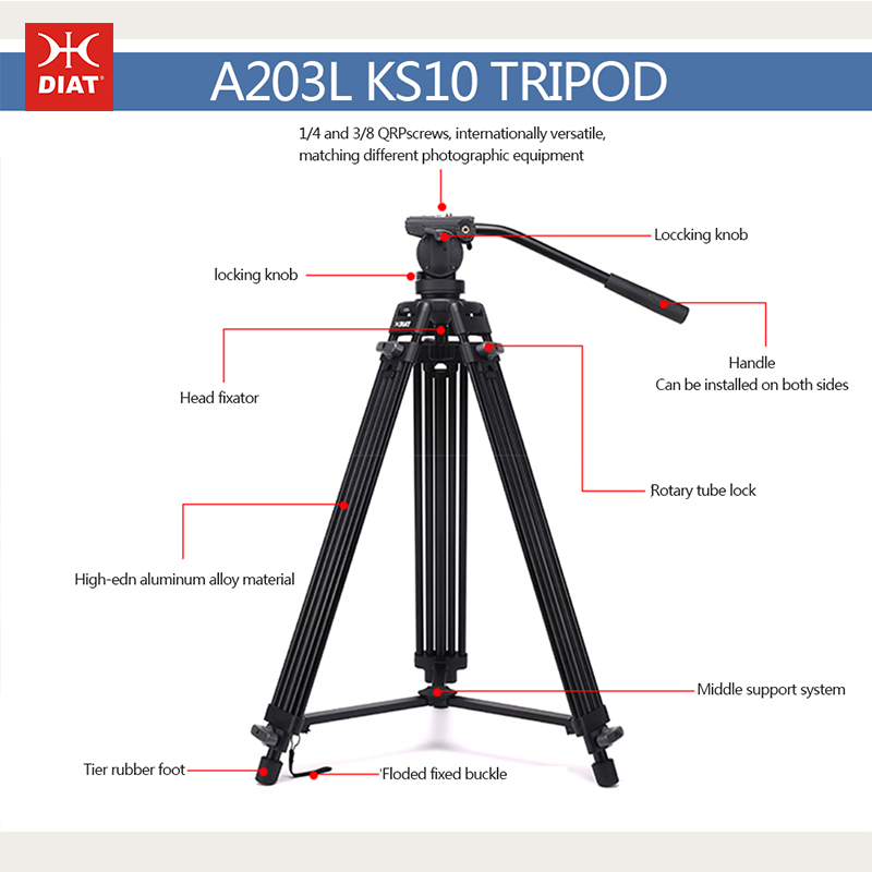 Diat A203L KS-10 Aluminiumlegering digitale video-ondersteuning statief 1,8 meter hoog 3 secties