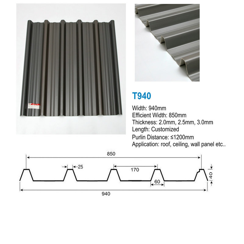 T940 Grijs hoog piek ASA PVC UPVC dakpan trapezium golfplaten dakplaat