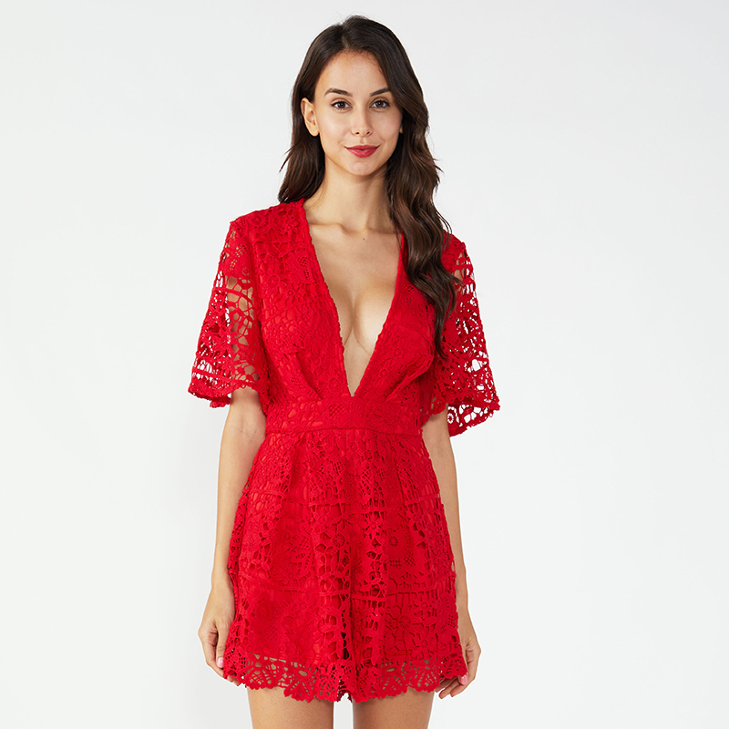 Rode geborduurde eendelige dames causale korte sexy jumpsuit voor dames