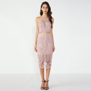 Roze strakke afbeeldingen Sexy partij koningin tweedelige set jurk