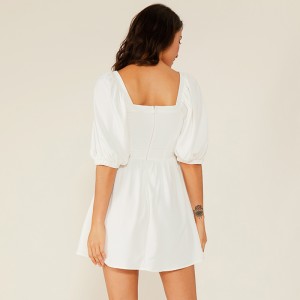 Oem Clothing Vestidos Eenvoudige casual geplooide korte witte chiffon kanten jurk