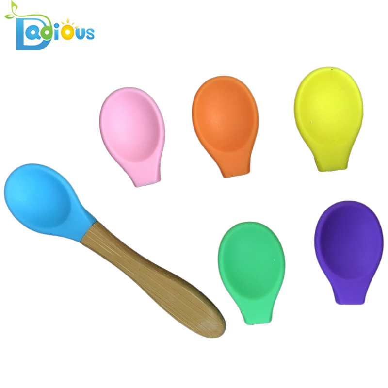 BPA Gratis Bamboe Lepel Siliconenkop FDA Goedgekeurde Soft Tip Baby Lepels OEM Siliconen Onderdeel voor Bamboe Lepel