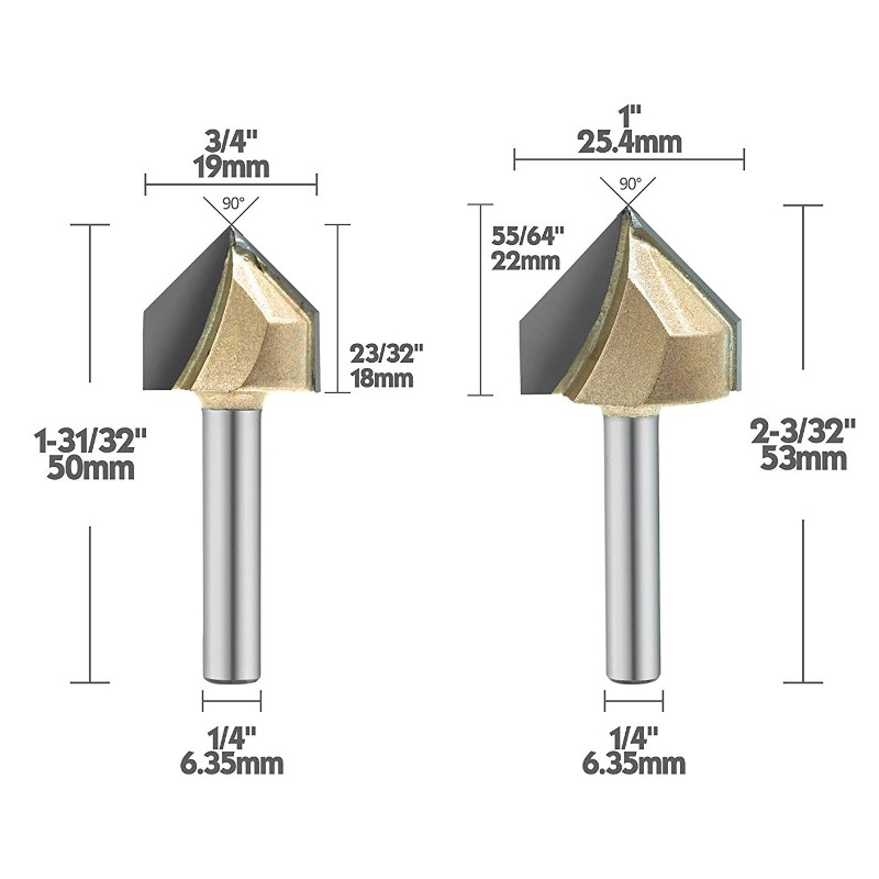 90-graden V-groefrouterbit, titanium gecoate hardmetalen 2-fluit CNC-graveerbit houtbewerking afschuining frees, 1/4 inch schacht