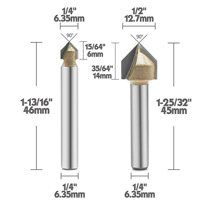 90-graden V-groefrouterbit, titanium gecoate hardmetalen 2-fluit CNC-graveerbit houtbewerking afschuining frees, 1/4 inch schacht