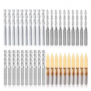 End Mill Combination Kit Set CNC-frezen Frees snijgereedschap (4 soorten, elke 10 stuks) Inclusief platte neus / kogelneusfrees, 30 ° V-vorm graveren en 4 fluiten frees