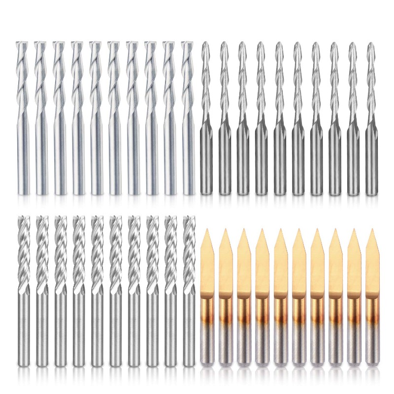 End Mill Combination Kit Set CNC-frezen Frees snijgereedschap (4 soorten, elke 10 stuks) Inclusief platte neus / kogelneusfrees, 30 ° V-vorm graveren en 4 fluiten frees