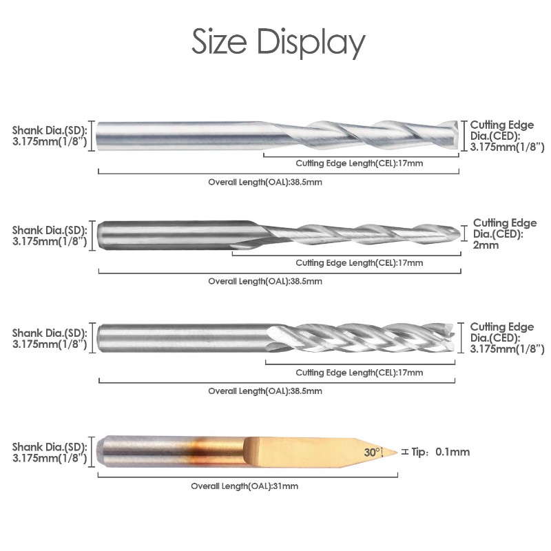 End Mill Combination Kit Set CNC-frezen Frees snijgereedschap (4 soorten, elke 10 stuks) Inclusief platte neus / kogelneusfrees, 30 ° V-vorm graveren en 4 fluiten frees