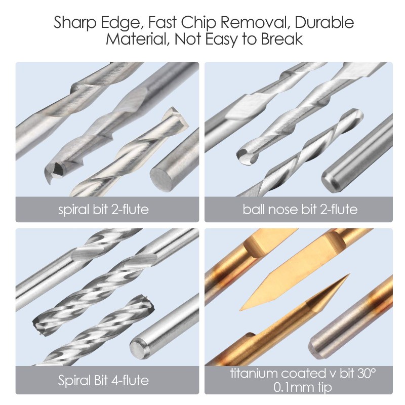 End Mill Combination Kit Set CNC-frezen Frees snijgereedschap (4 soorten, elke 10 stuks) Inclusief platte neus / kogelneusfrees, 30 ° V-vorm graveren en 4 fluiten frees