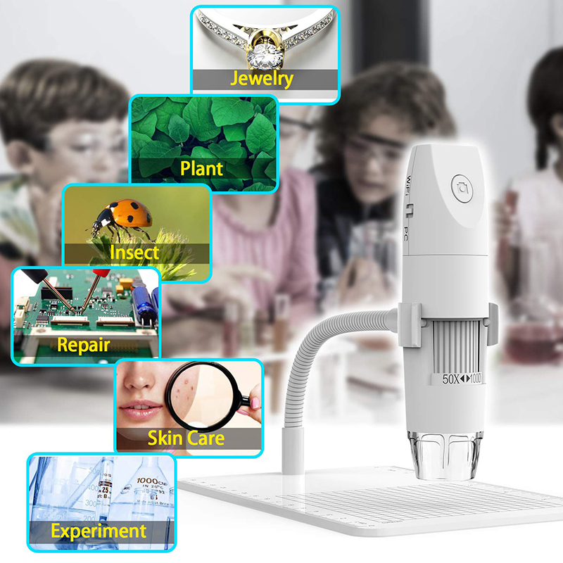 WiFi-microscoop 50X tot 1000X draadloze digitale microscoop, flexibele arm-observatiestandaard met 1080P HD 2.0 MP 8 LED-camera, mini-handmicroscoop voor Android iOS PC