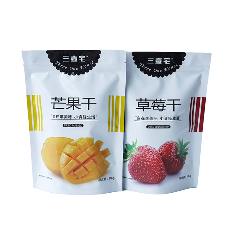 Ontwerp op maat 100g 150g glanzende diepdruk afdrukken opstaande zak verpakking voor gedroogde mango of fruit